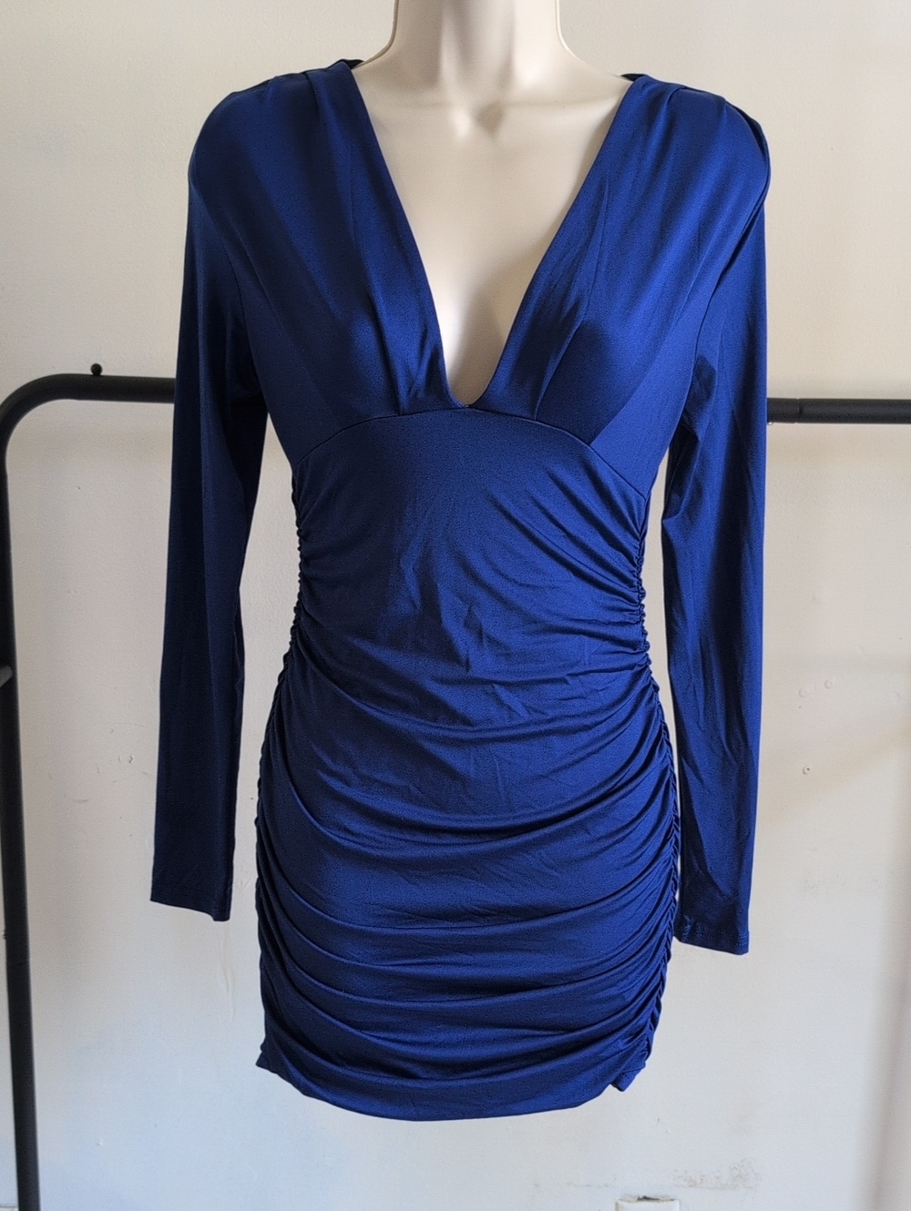Plunge-Neck Long Sleeve Ruched Mini Dress in Deep Blue